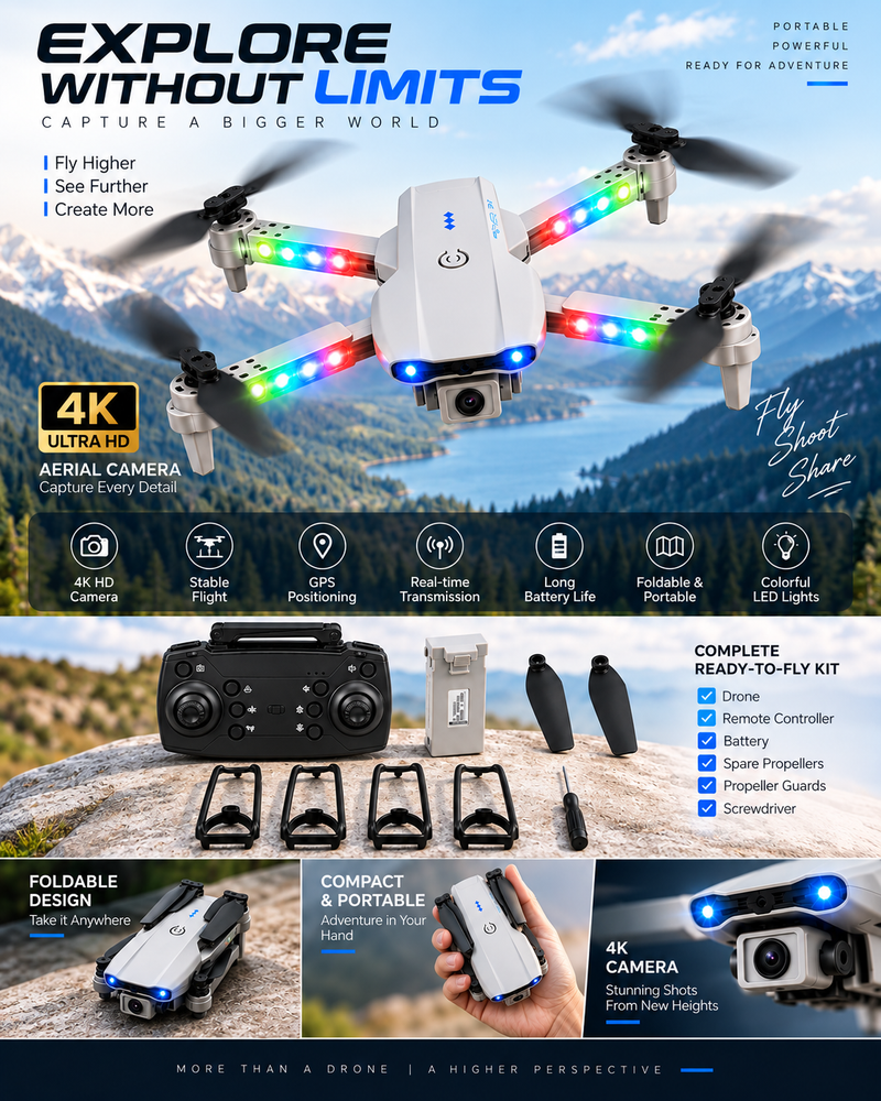 E99 Drone Pro with HD Camera, WiFi Real-Time FPV, 50X Zoom & LED Lights