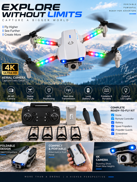 E99 Drone Pro with HD Camera, WiFi Real-Time FPV, 50X Zoom & LED Lights