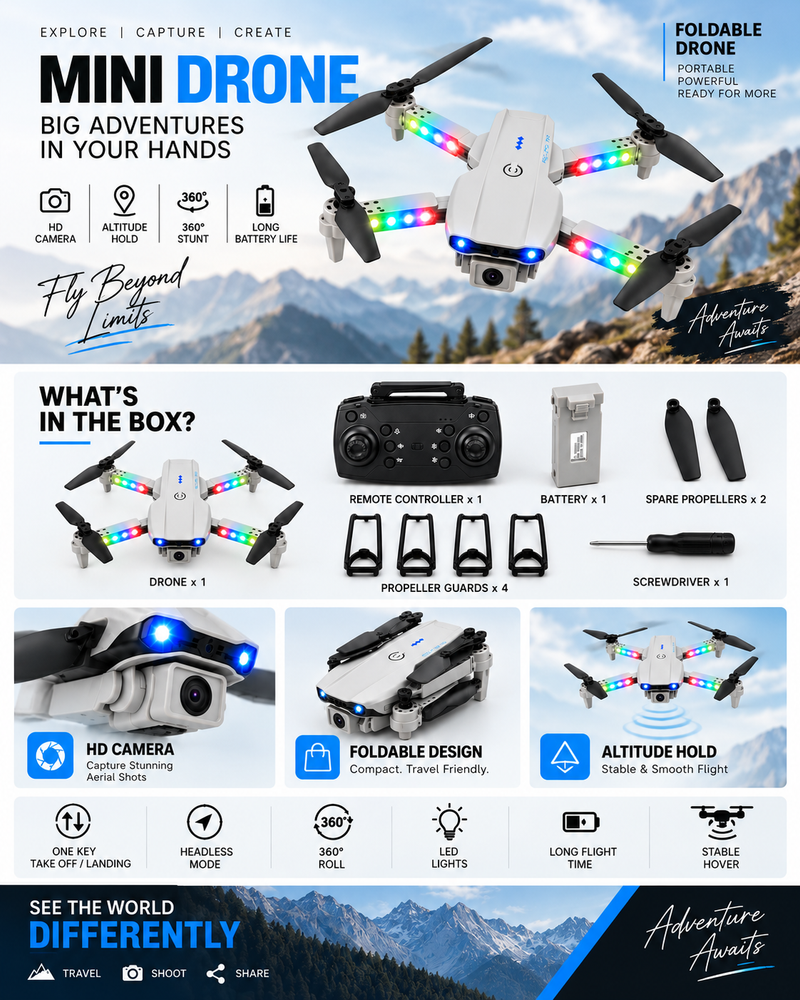 E99 Drone Pro with HD Camera, WiFi Real-Time FPV, 50X Zoom & LED Lights